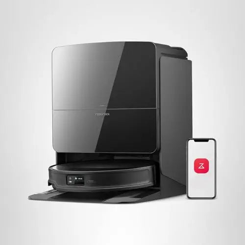 Roborock Saros 10R robot vacuum and mop, featuring ultra-slim design, black color, corner cleaning, and self-emptying function.