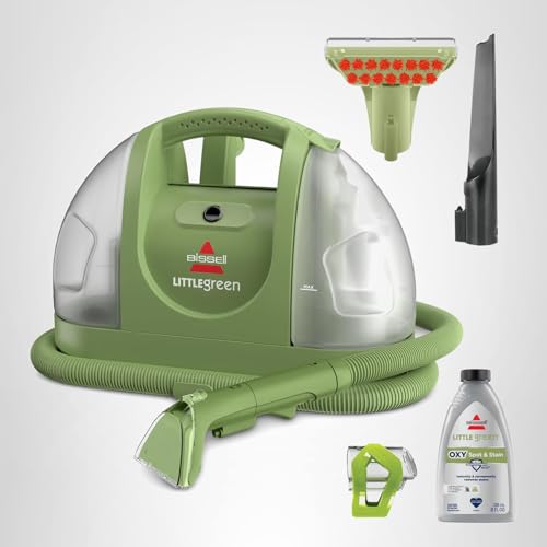 BISSELL Little Green Mini portable carpet cleaner in tea green with HydroRinse tool and 4" tough stain tool for auto detailing.