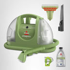 BISSELL Little Green Mini portable carpet cleaner in tea green with HydroRinse tool and 4" tough stain tool for auto detailing.