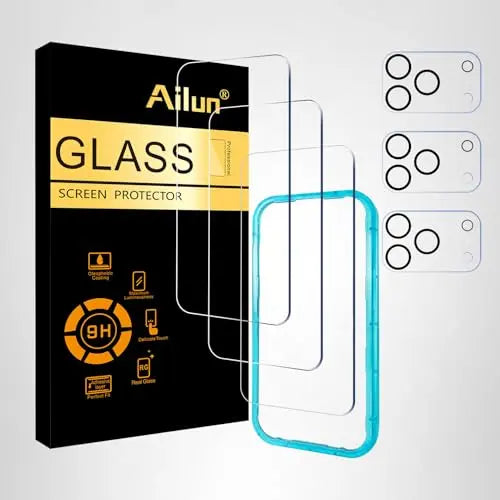 Ailun 3 pack screen protectors and camera lens protectors for iPhone 17 Pro Max with installation frame and case compatibility.