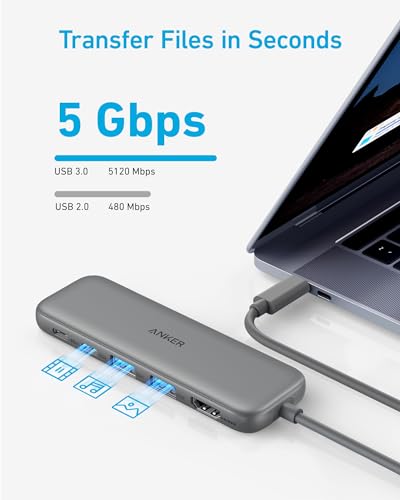 Anker 5-in-1 USB C hub with HDMI splitter and multiple data ports for MacBook Pro, Air, and Dell.