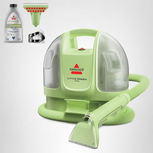 BISSELL Little Green Mini Portable Carpet Cleaner in tea green with HydroRinse tool and tough stain tool for upholstery cleaning.
