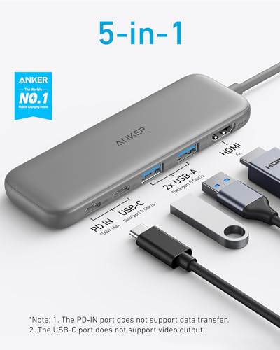 Anker 5-in-1 USB C hub with HDMI splitter, powered USB-C and USB-A ports, ideal for MacBook Pro and Dell laptops.