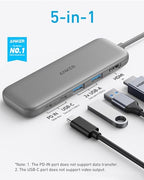 Anker 5-in-1 USB C hub with HDMI splitter, powered USB-C and USB-A ports, ideal for MacBook Pro and Dell laptops.