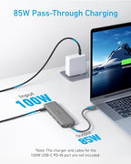Anker 5-in-1 USB C hub with HDMI splitter, powered USB-C and USB-A ports, compatible with MacBook Pro and Dell.