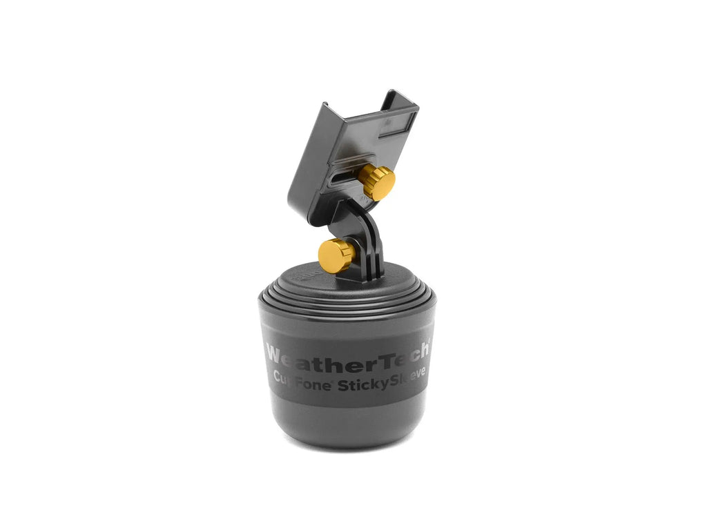 WeatherTech CupFone universal cup holder phone mount in black, adjustable fit, designed for iPhone and Android charging access.