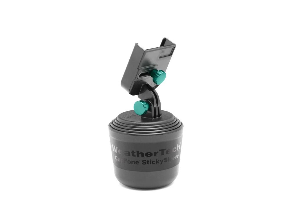 WeatherTech CupFone, universal cup holder phone mount in black, securely holds phones while allowing charging access.