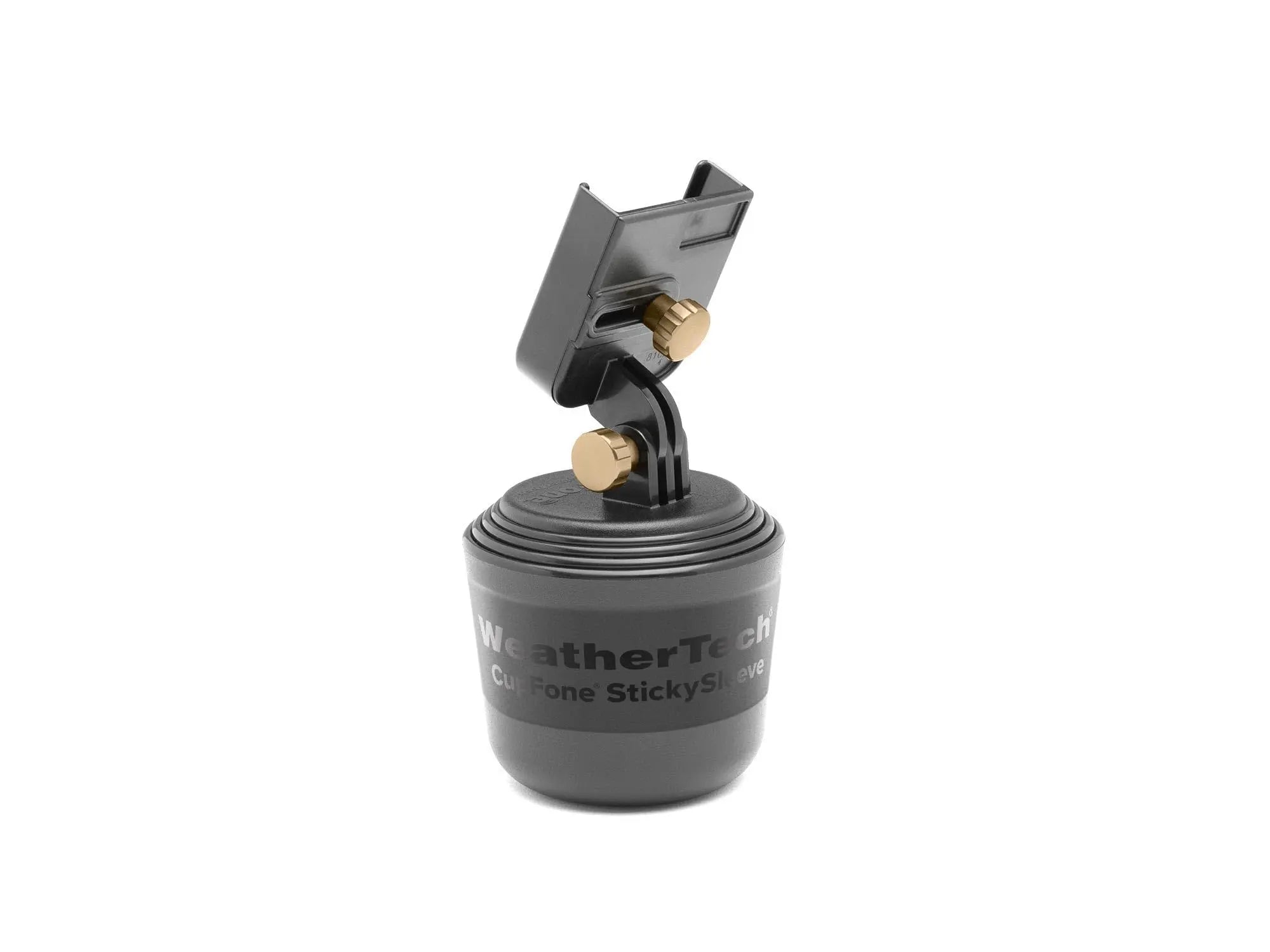 WeatherTech CupFone phone mount in black, fitting securely in a car cup holder, with adjustable design for easy access.