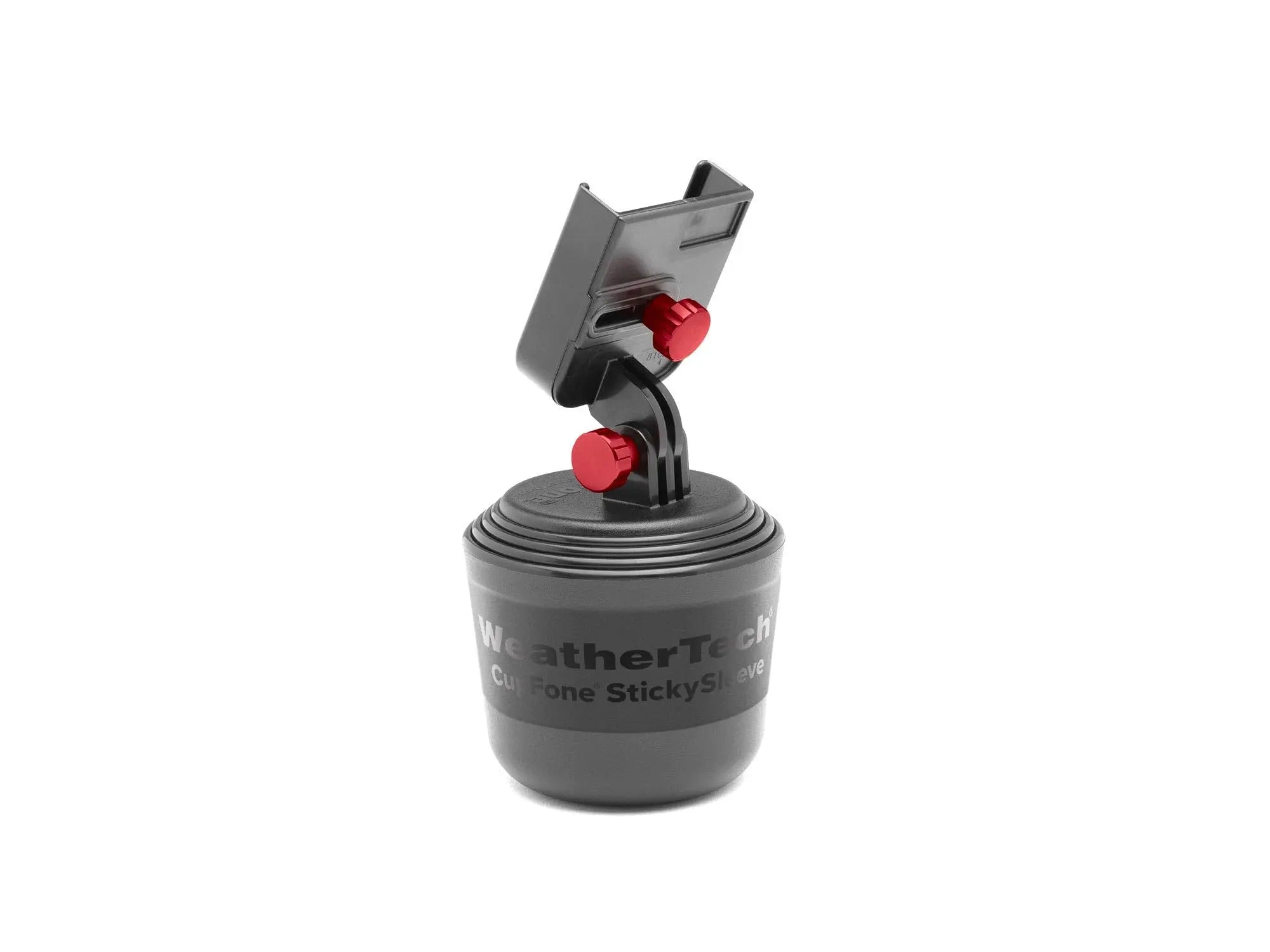 WeatherTech CupFone in black, adjustable car phone mount fitting securely in a cup holder with open access for charging.