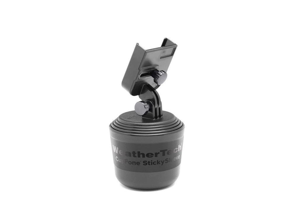 WeatherTech CupFone in black, adjustable car phone mount securely fits in cup holder with open access for charging.