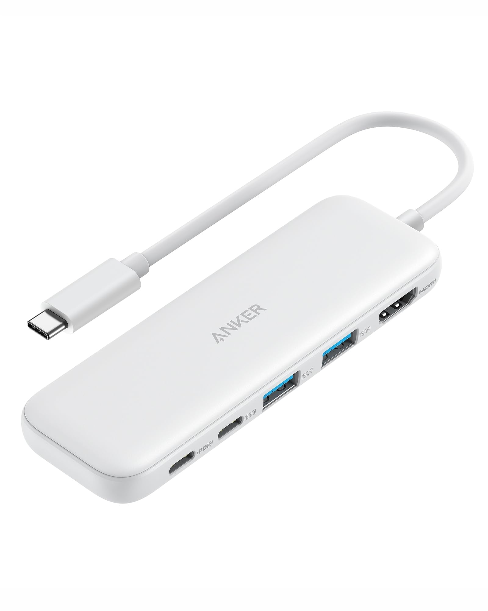 Anker 5-in-1 USB C Hub with HDMI output, powered USB-C, and USB-A ports for MacBook Pro and Dell laptops.
