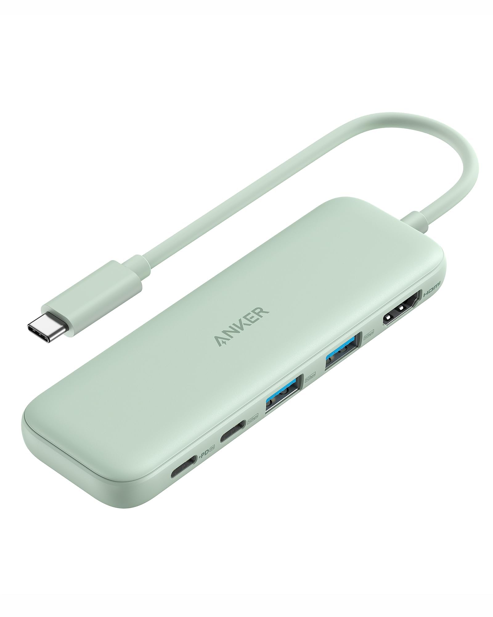 Anker 5-in-1 USB C hub with HDMI splitter, powered USB-C and USB-A ports, designed for MacBook Pro and Dell laptops.