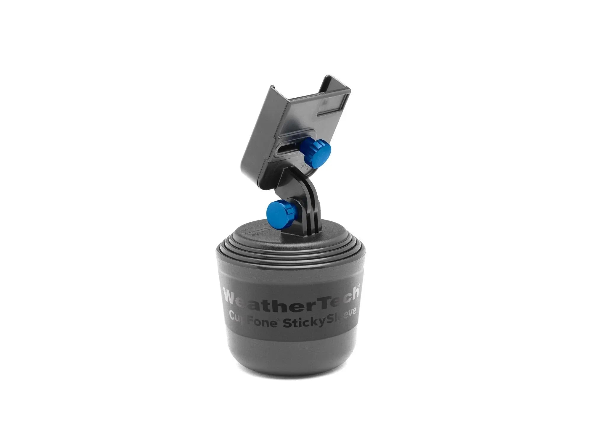 WeatherTech CupFone in black, adjustable phone mount in car cup holder, compatible with iPhone and Android devices.