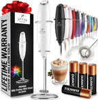 Zulay handheld electric milk frother in silver with a titanium motor, perfect for lattes, matcha, and frappes.