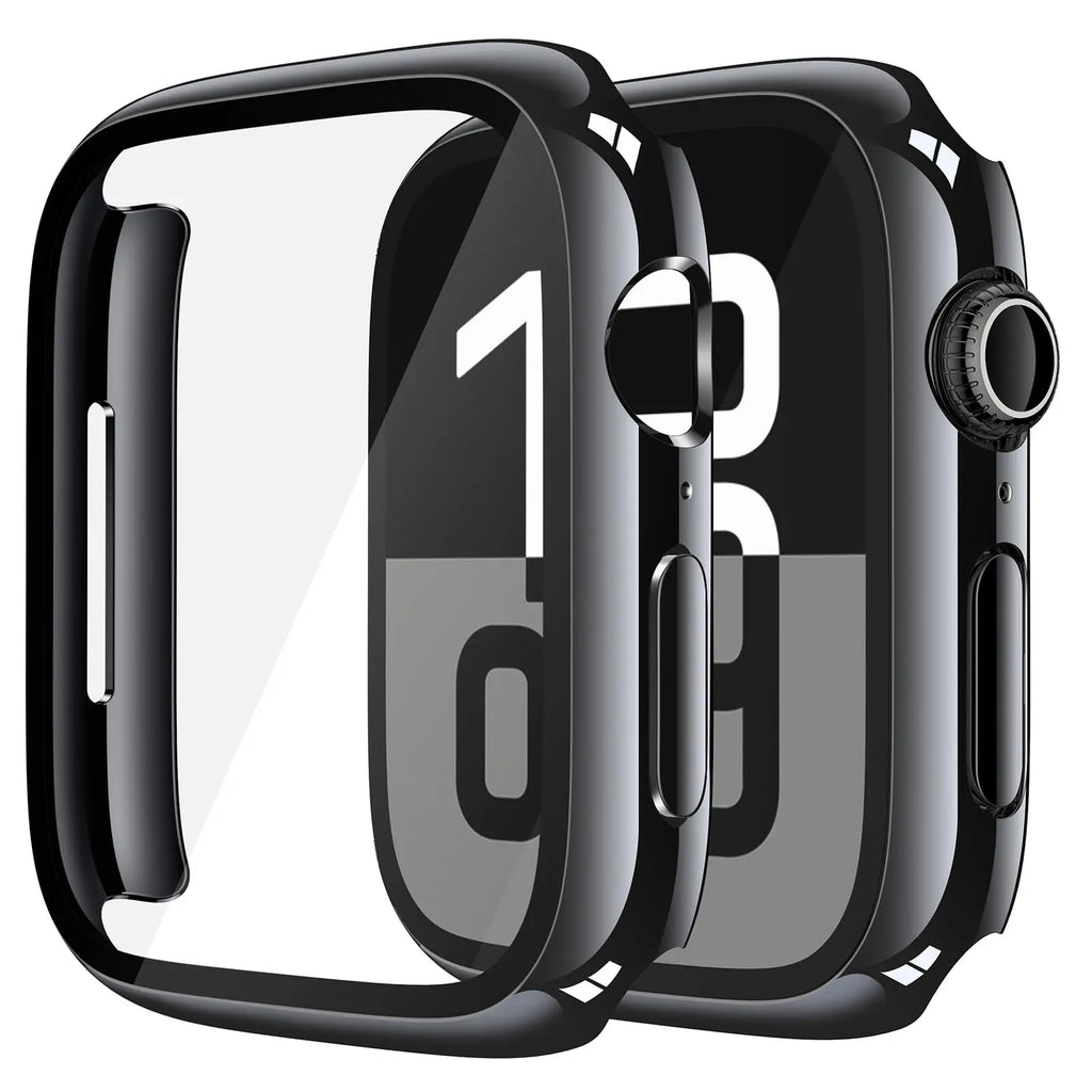 Black tempered glass case for Apple Watch Series 11 and 10, 46mm, featuring a screen protector from Misxi.