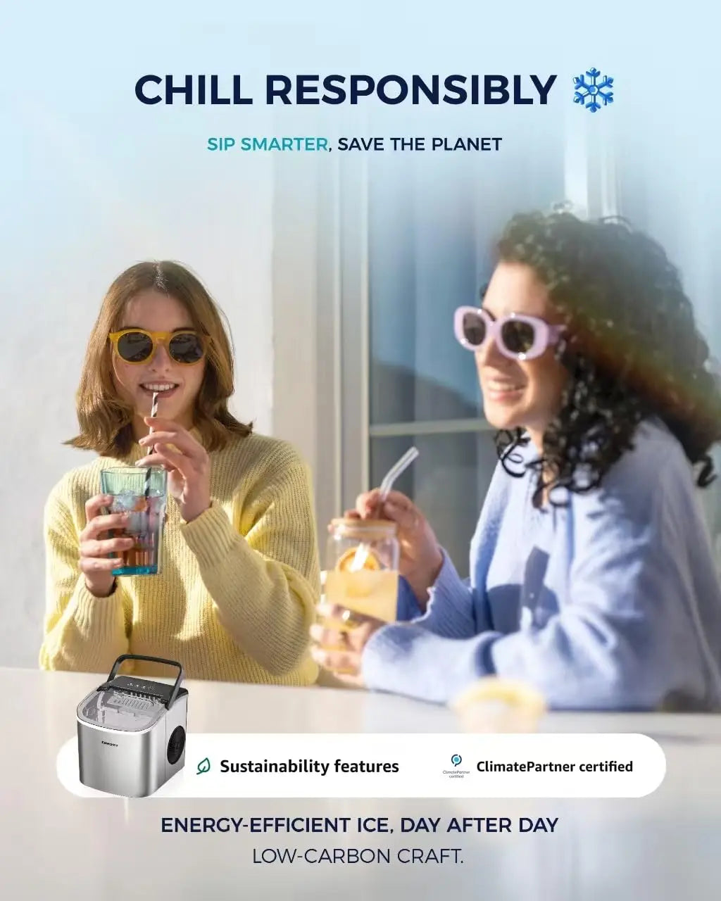 EUHOMY black countertop ice maker machine with handle, producing 26lbs of ice in 24 hours, includes basket and scoop.