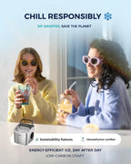 EUHOMY black countertop ice maker machine with handle, producing 26lbs of ice in 24 hours, includes basket and scoop.