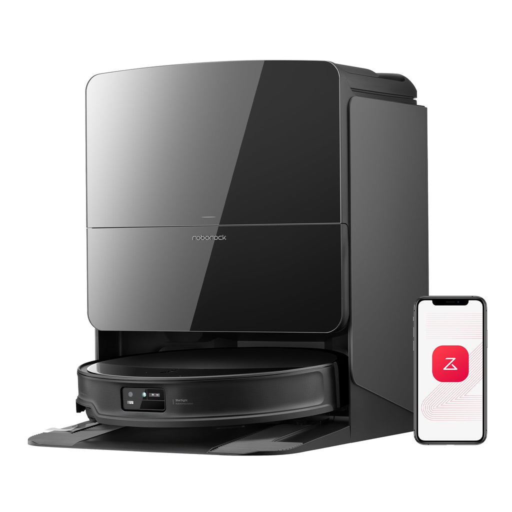 Roborock Saros 10R robot vacuum and mop, ultra-slim black design with FlexiArm for effective carpet and floor cleaning.