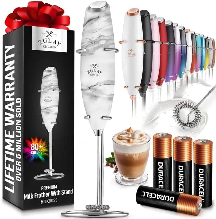 Zulay handheld milk frother in silver with a titanium motor, ideal for lattes, matcha, and coffee blending.