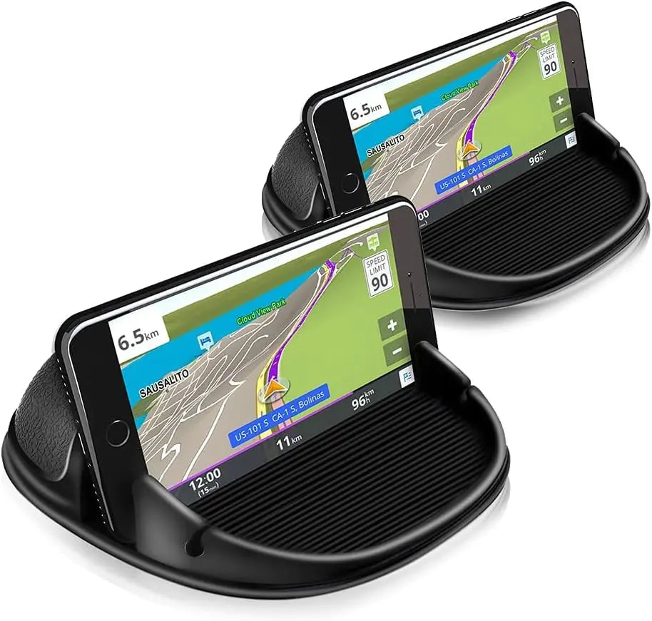 Black Loncaster car phone holder on a dashboard, designed for smartphones and GPS devices, featuring a slip-free silicone mat.
