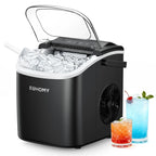 EUHOMY black countertop ice maker machine with handle, producing 26lbs of ice in 24 hours, shown with basket and scoop.