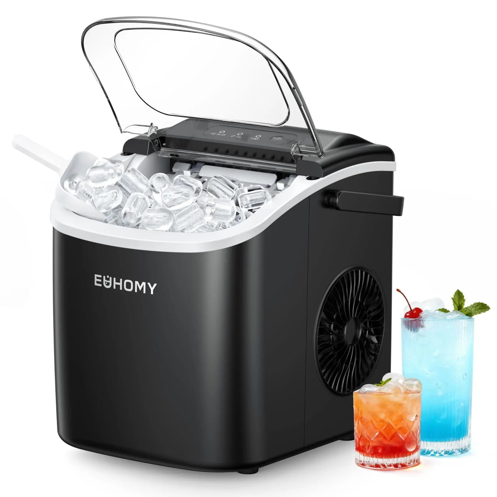 EUHOMY black countertop ice maker machine with handle, producing 26lbs of ice in 24 hours, shown with basket and scoop.