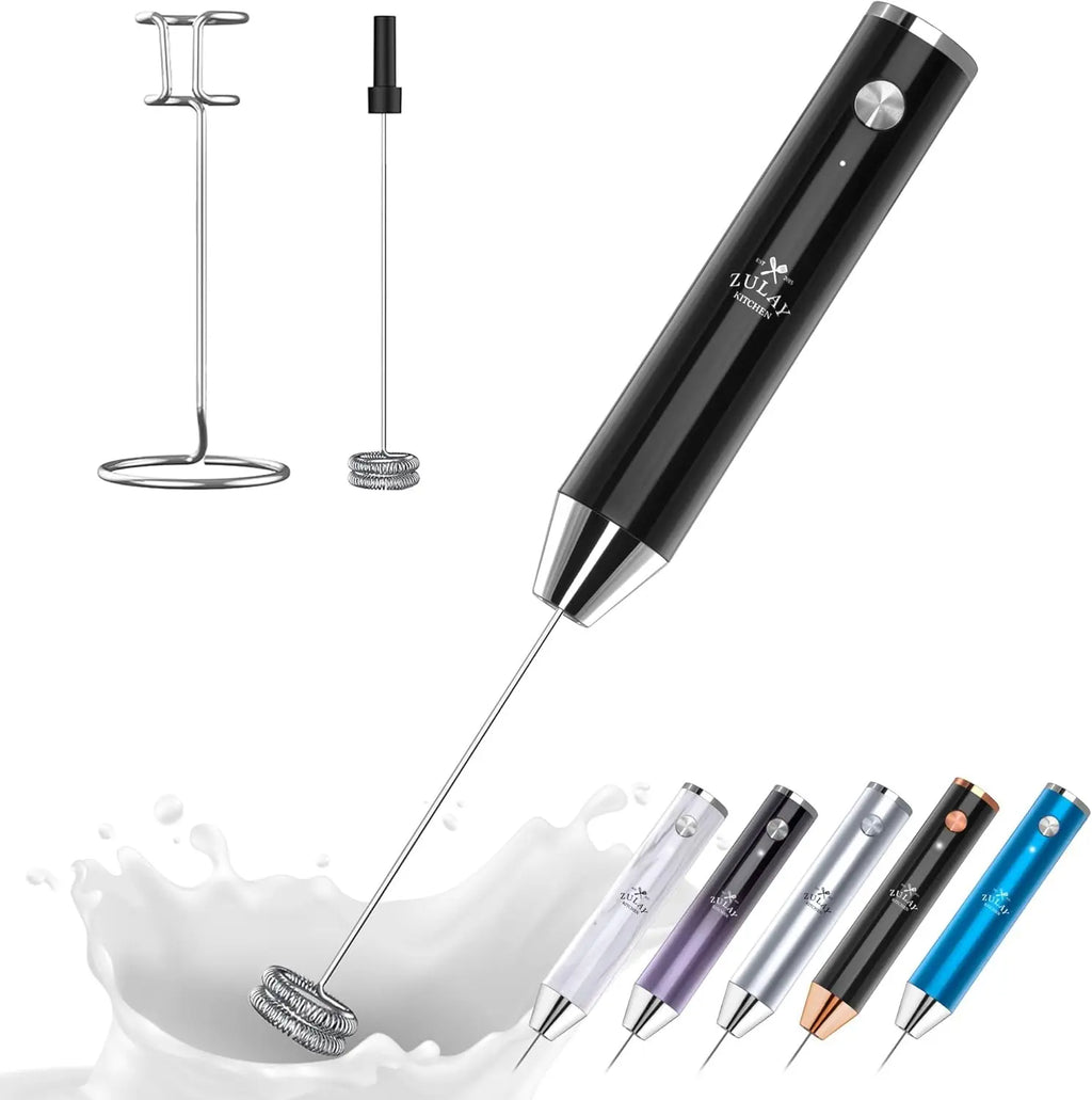 Zulay handheld milk frother in silver, featuring an upgraded titanium motor for blending coffee, lattes, and matcha.