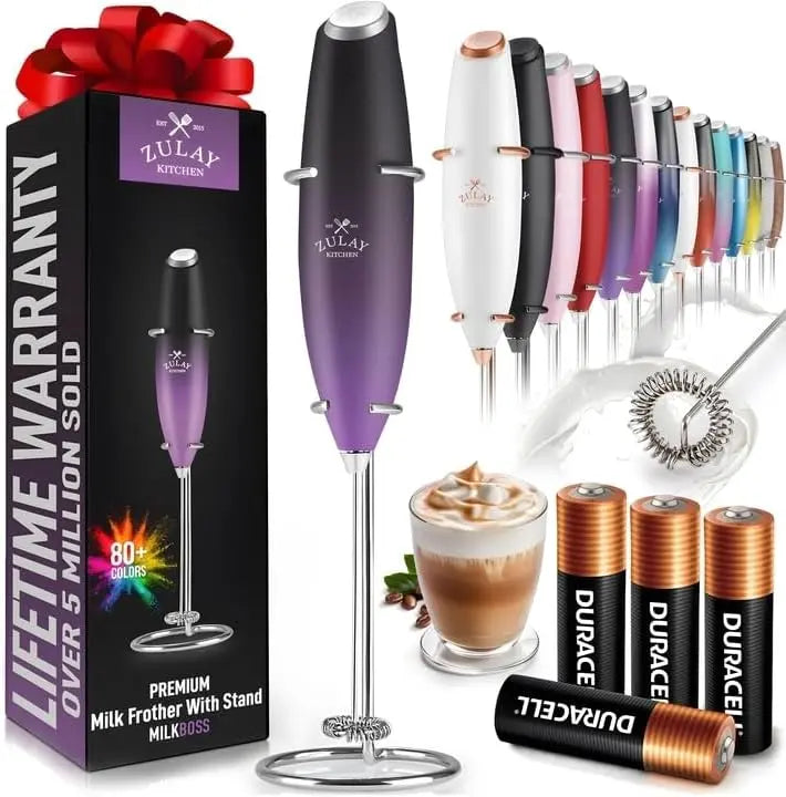 Zulay handheld milk frother in silver, featuring an upgraded titanium motor for coffee, latte, and matcha preparation.