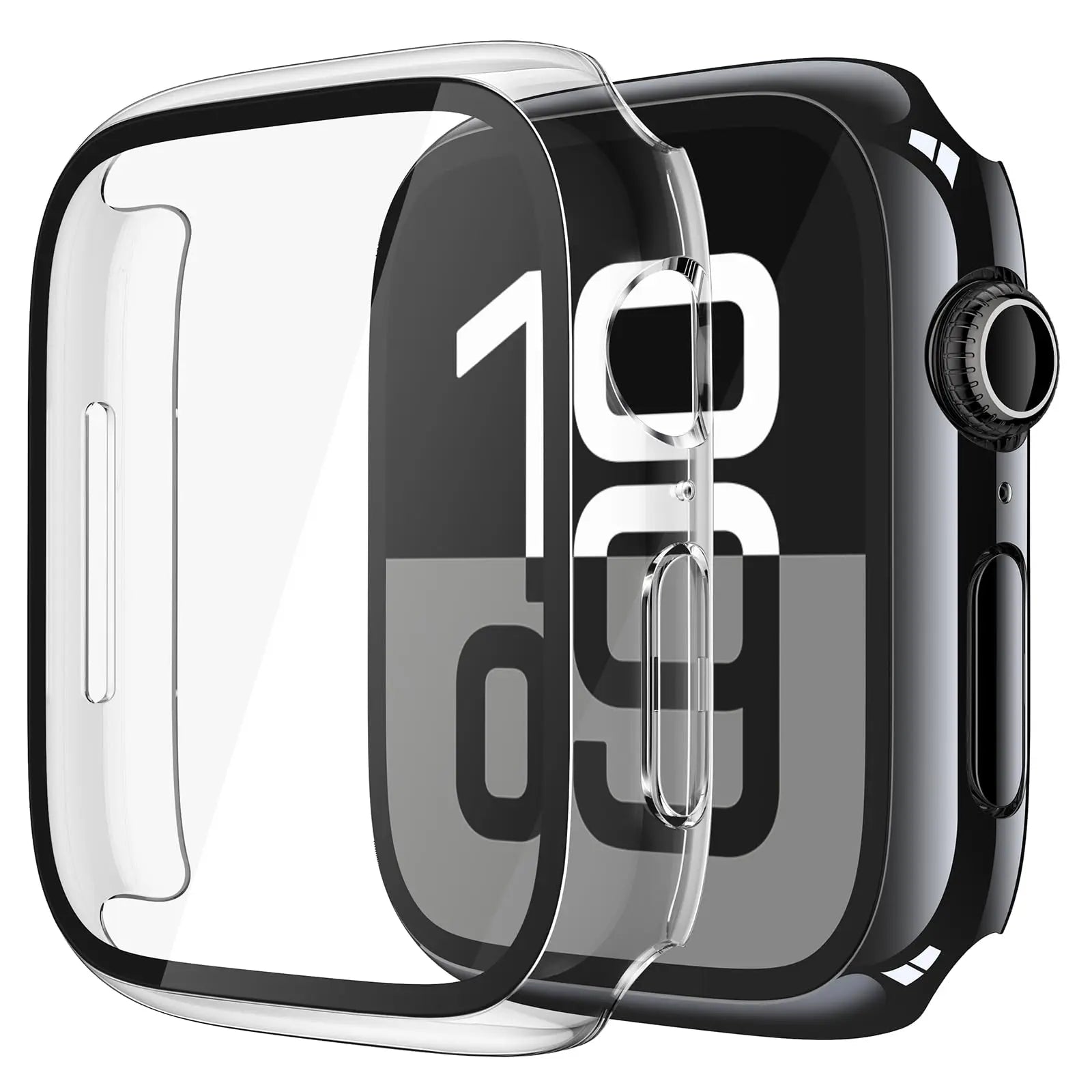Black tempered glass case for Apple Watch Series 11 and 10, includes two screen protectors for 46mm iWatch.