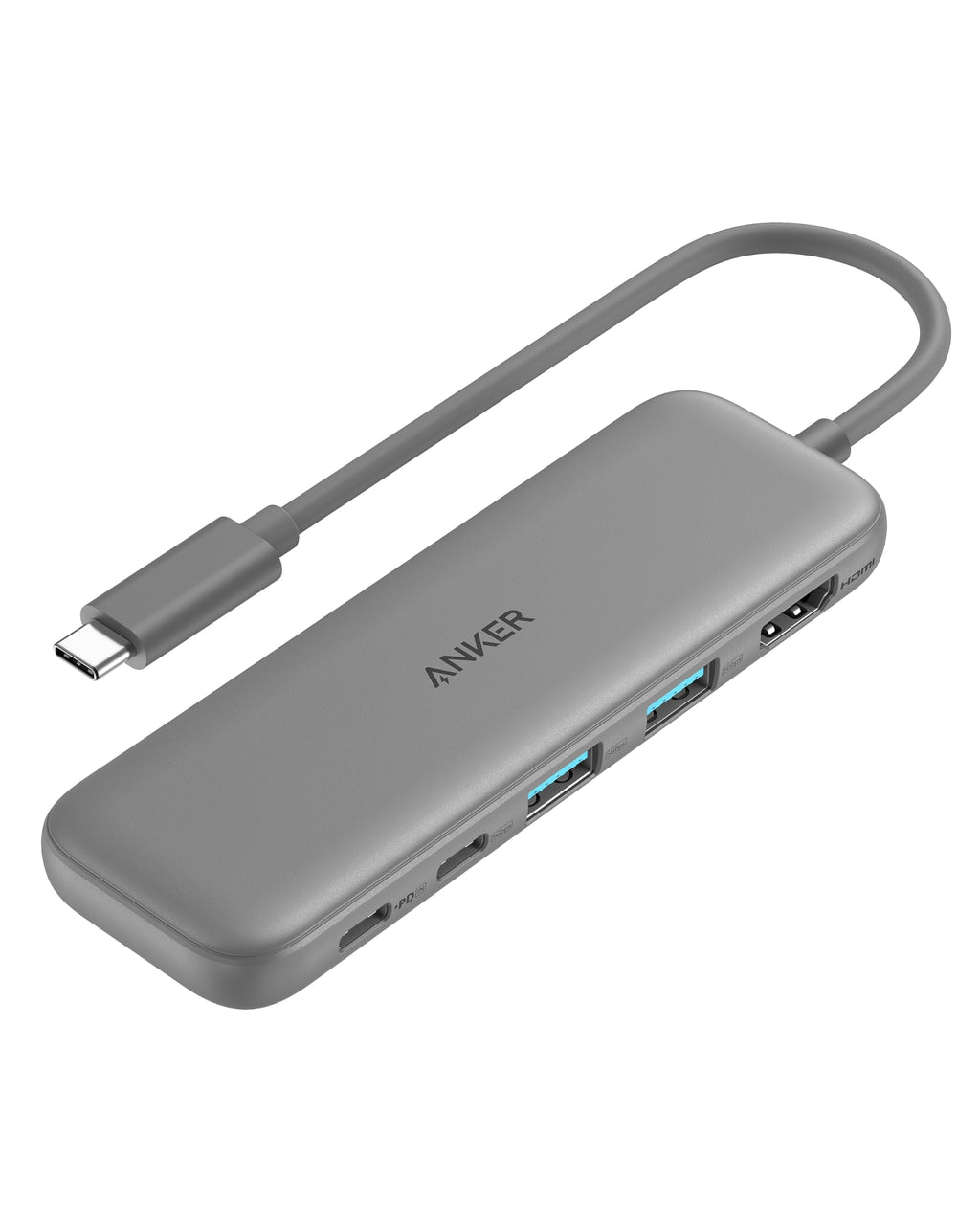 Anker 5-in-1 USB C hub with HDMI splitter, 4K display, and multiple USB ports for MacBook and Dell devices.