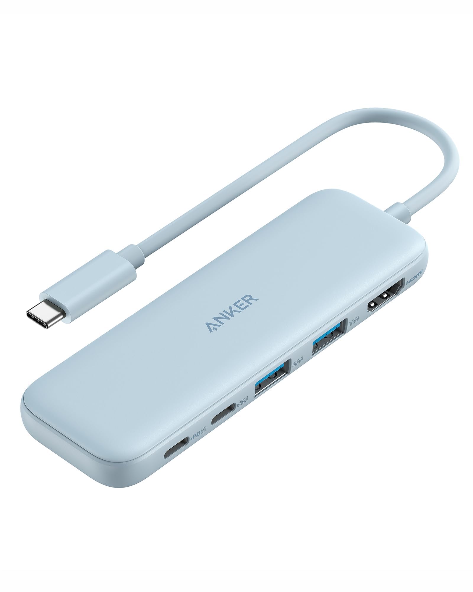 Anker USB C Hub 5-in-1 with HDMI, powered USB-C and USB-A ports, for MacBook Pro and Dell laptops.