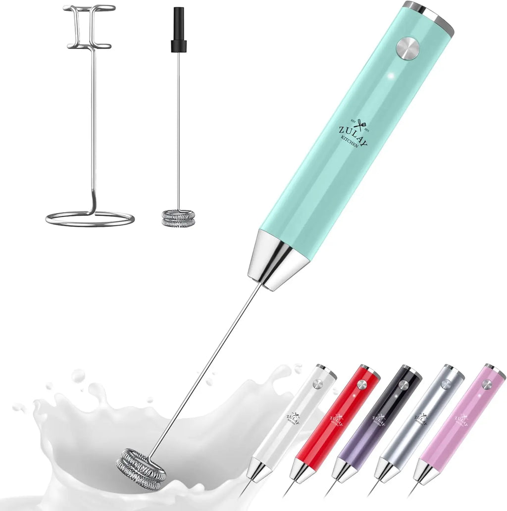 Zulay handheld milk frother in silver, featuring an upgraded titanium motor for blending lattes and matcha.