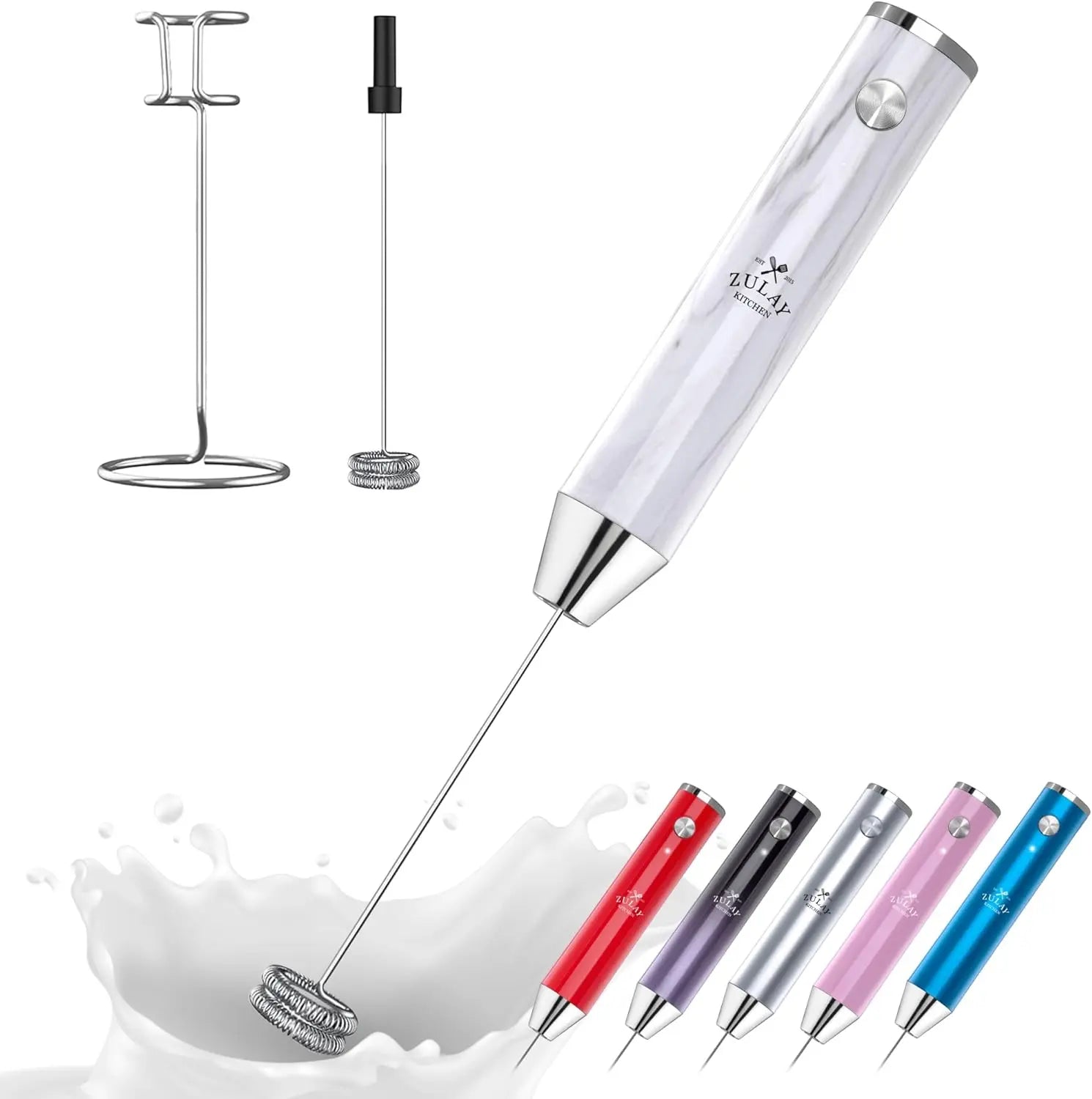 Zulay handheld milk frother in silver with upgraded titanium motor, perfect for latte, frappe, and matcha preparation.