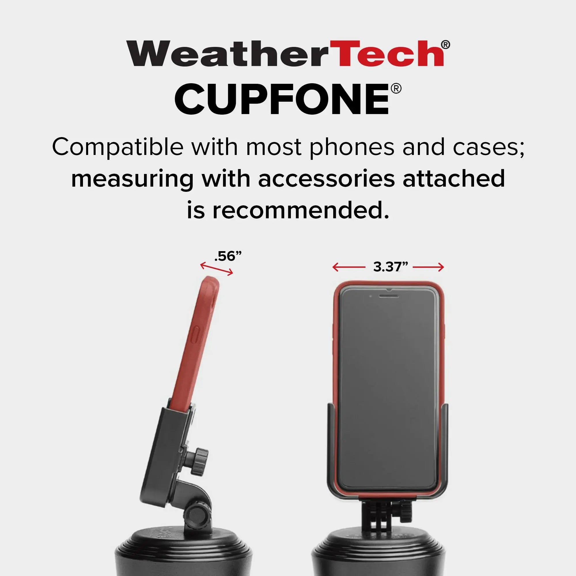 WeatherTech CupFone in black, securely holding a smartphone in a car cup holder with adjustable fit and charging access.