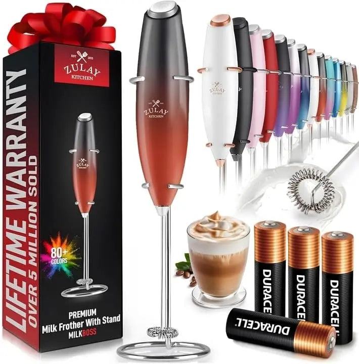 Silver Zulay milk frother with titanium motor, handheld design, ideal for lattes, frappes, and matcha blending.