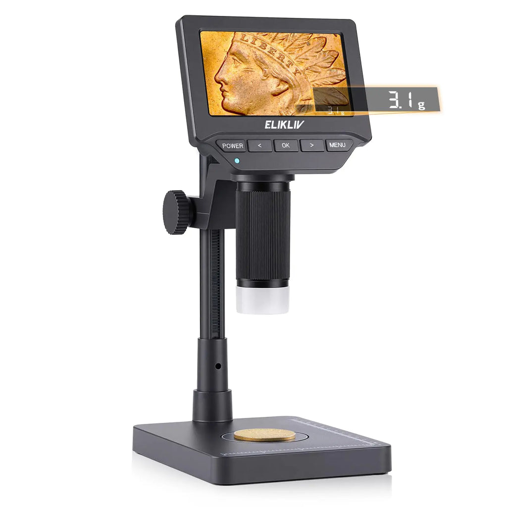 Elikliv LCD digital coin microscope with 1000x magnification, 8 LED lights, and 4.3-inch display for detailed viewing.