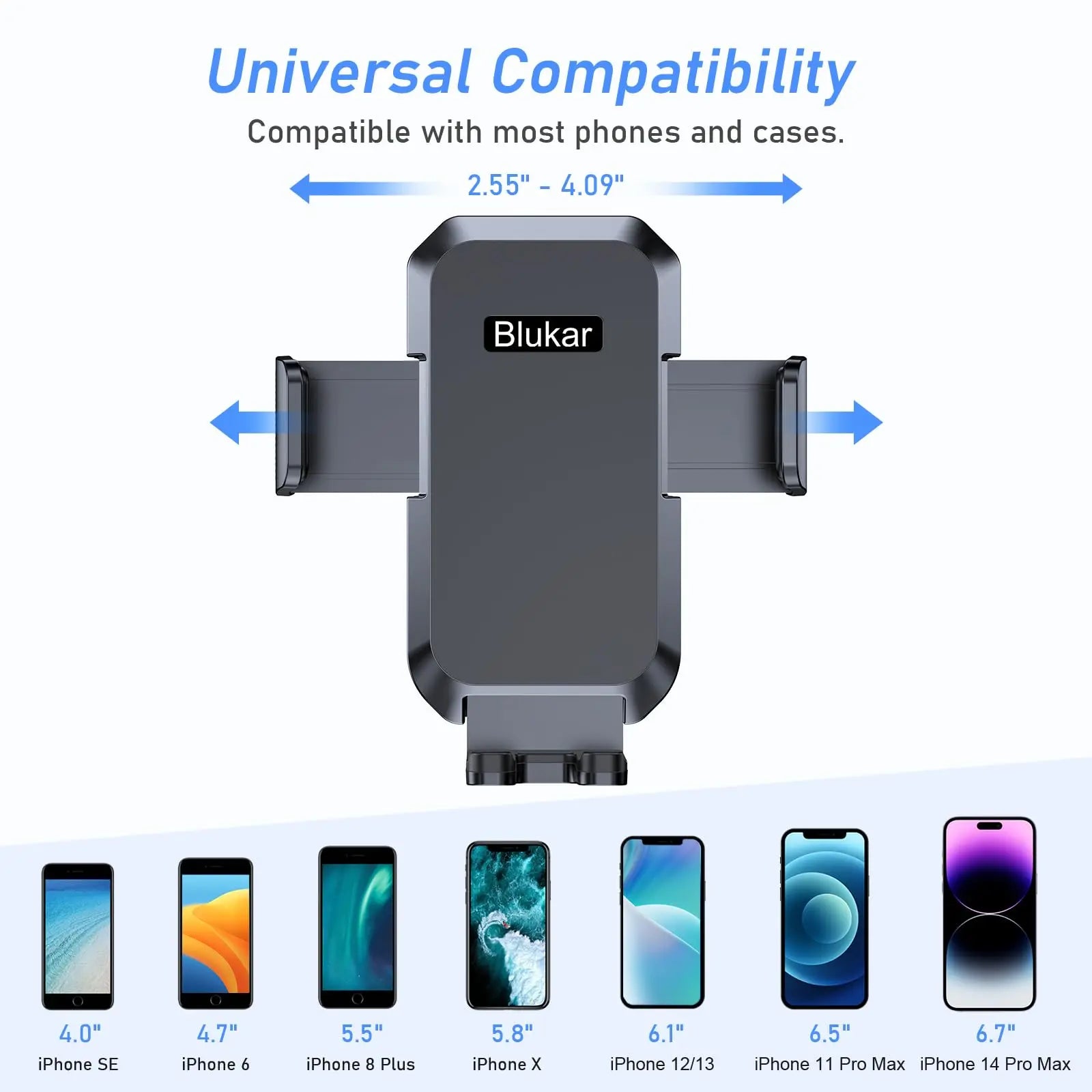 Blukar car phone holder mount with metal hook clip, 360° rotation, and one button release for smartphones in vehicle air vent.