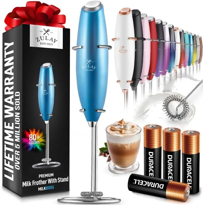 Zulay handheld milk frother in silver, featuring a titanium motor for blending coffee, lattes, and matcha.