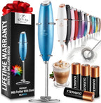 Zulay handheld milk frother in silver, featuring a titanium motor for blending coffee, lattes, and matcha.