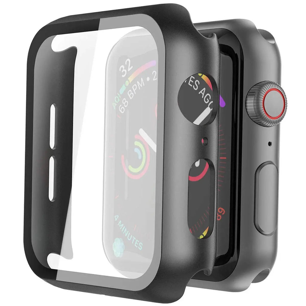 Black tempered glass case for Apple Watch Series 11 and 10, 46mm, featuring a protective screen cover by Misxi.