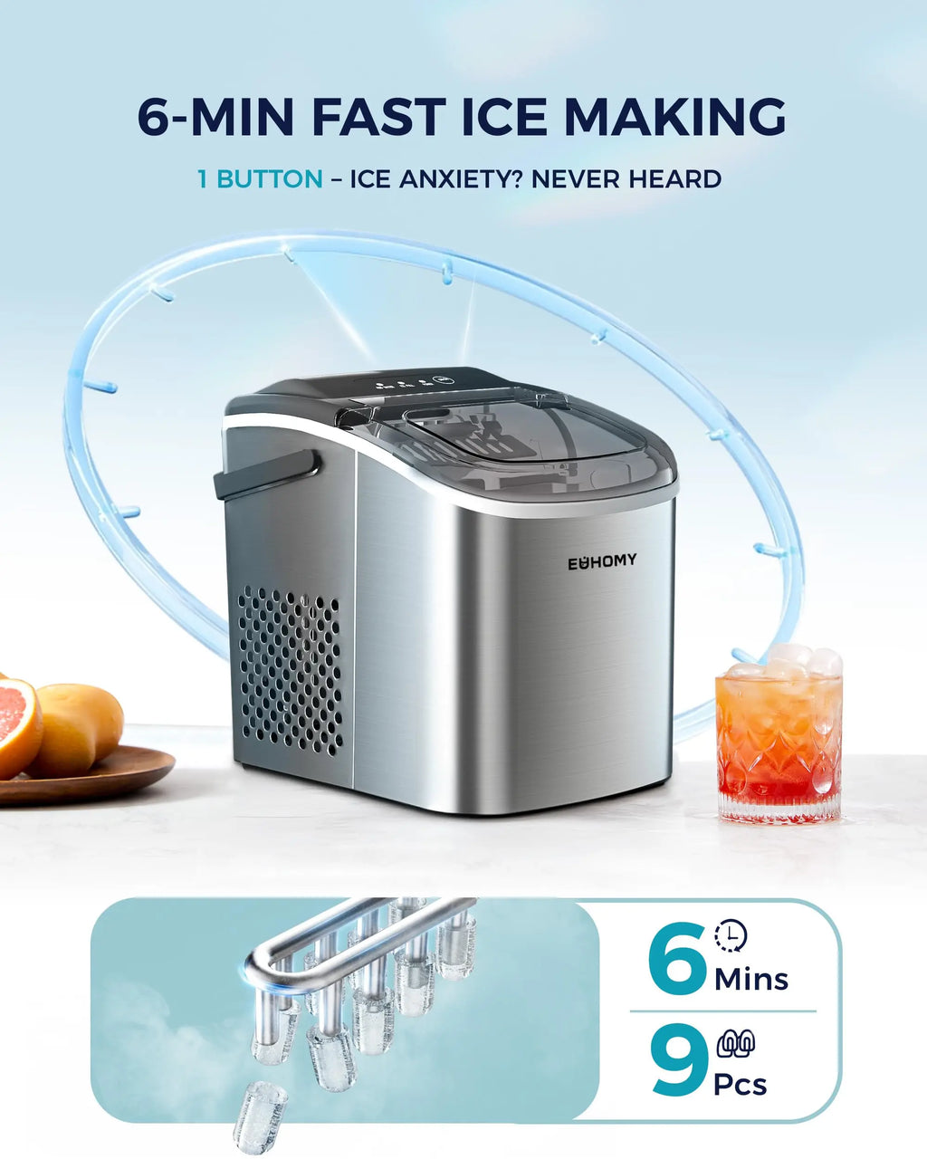 EUHOMY black countertop ice maker machine with handle, producing 26 lbs of ice daily, includes basket and scoop.