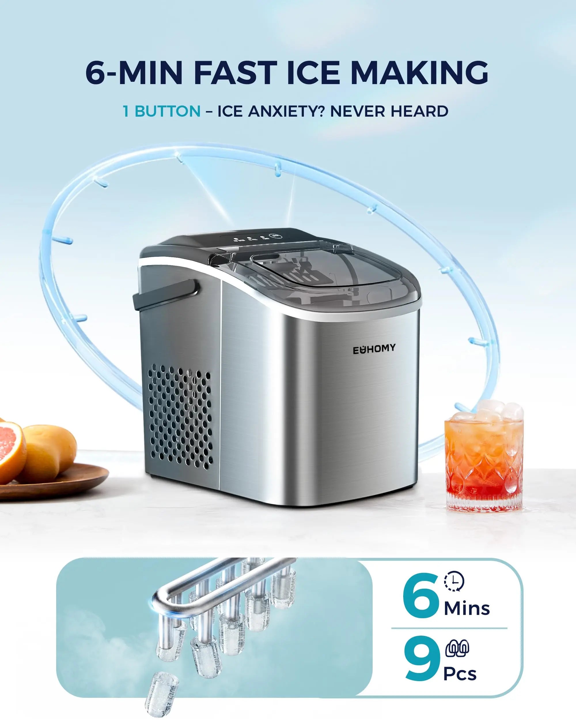 EUHOMY black countertop ice maker machine with handle, producing 26 lbs of ice daily, includes basket and scoop.