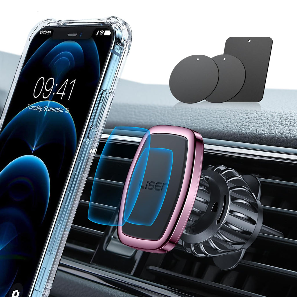 LISEN magnetic phone holder for car, featuring upgraded clip and six strong magnets, designed for Galaxy S25 Ultra smartphones.