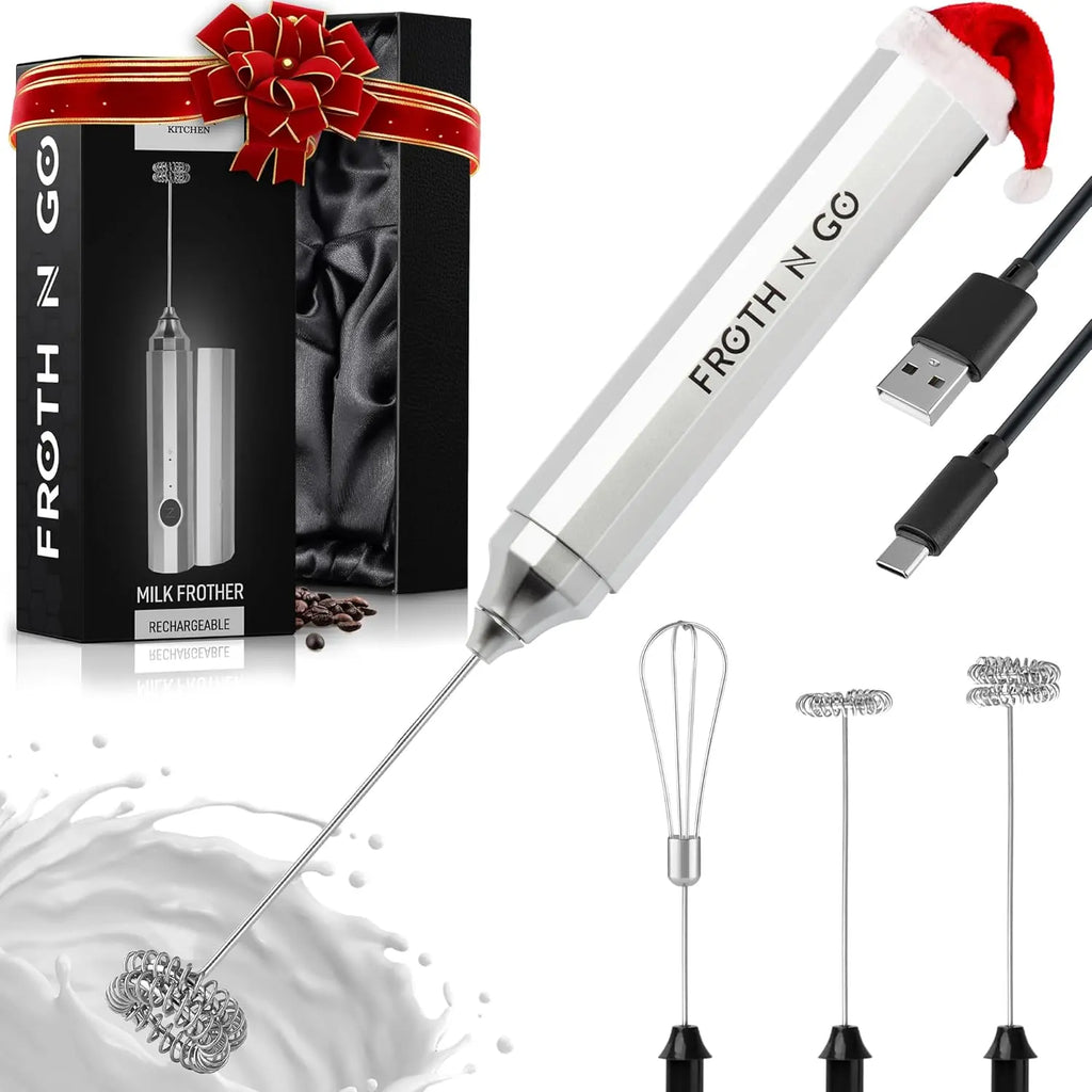 Zulay handheld milk frother in silver, featuring an upgraded titanium motor for frothing coffee and making lattes.