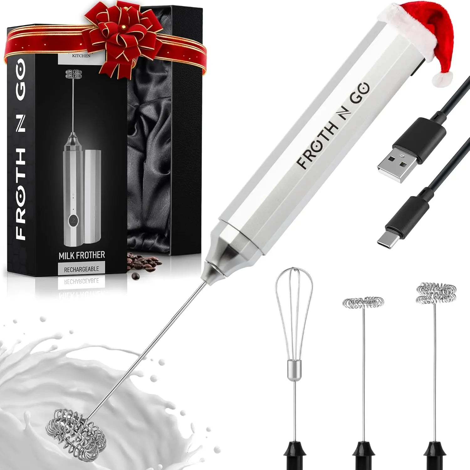 Zulay handheld milk frother in silver, featuring an upgraded titanium motor for frothing coffee and making lattes.