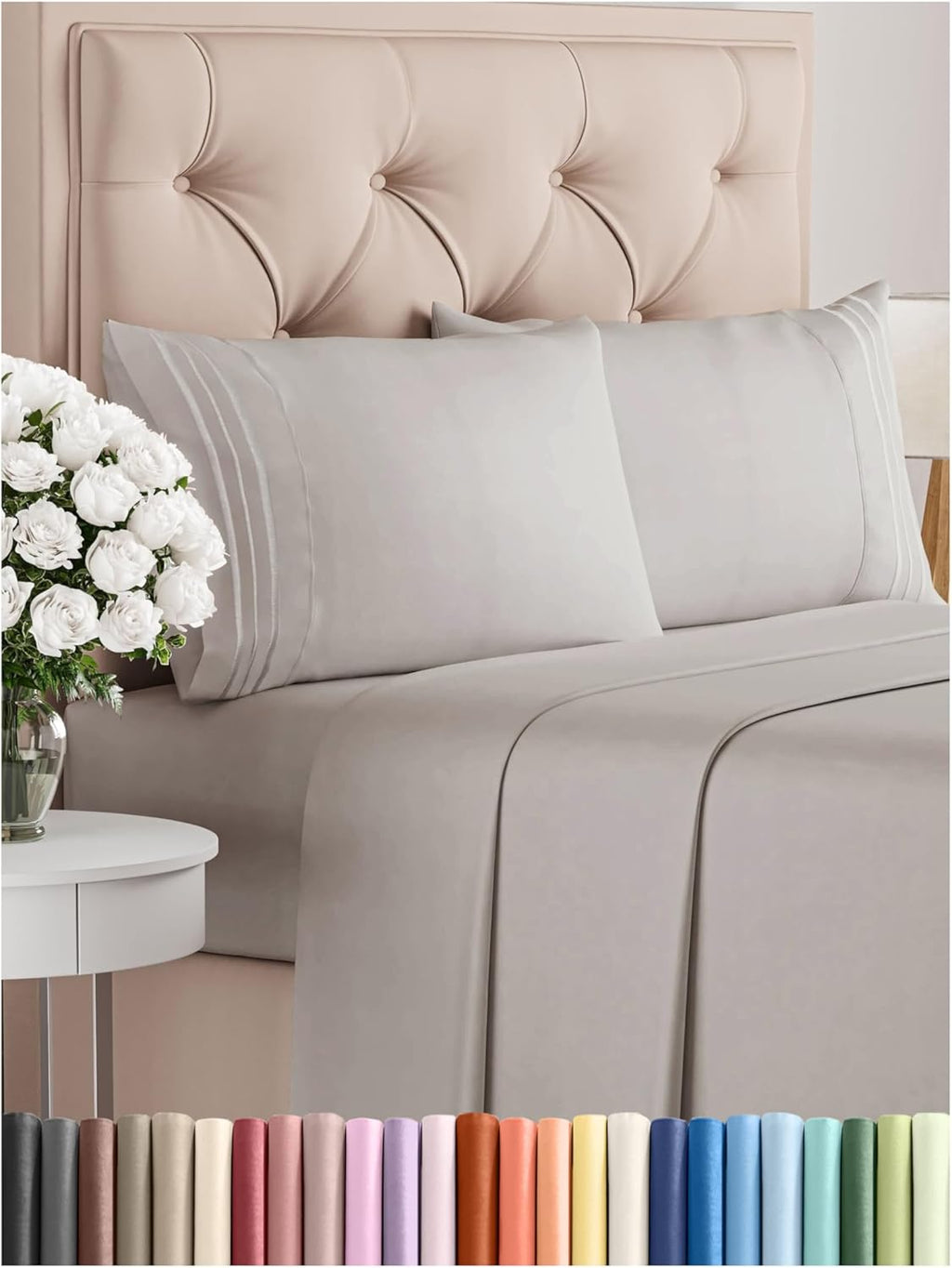 CGK Unlimited white queen sheet set featuring deep pockets, breathable fabric, and a soft, wrinkle-free finish.