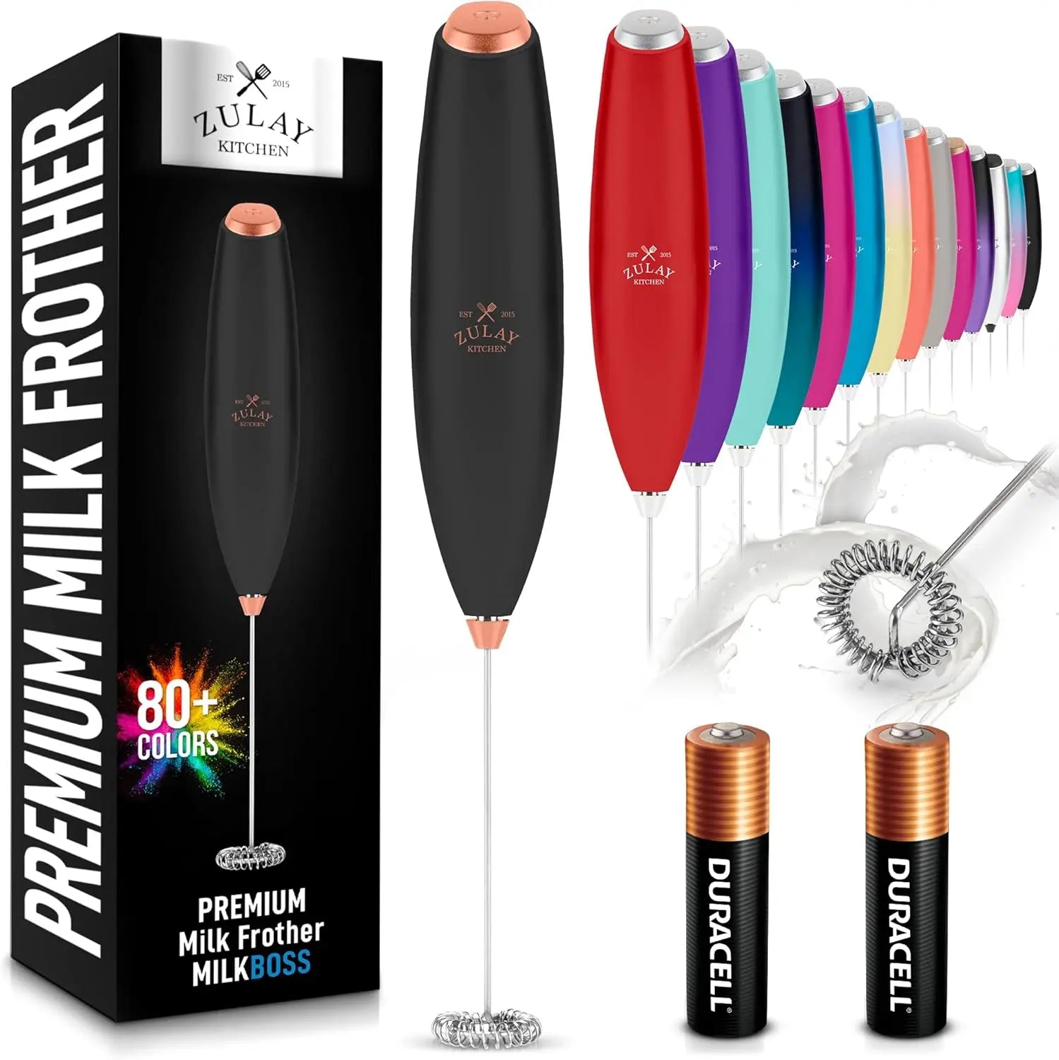 Zulay handheld milk frother in silver with upgraded titanium motor for making lattes, frappes, and matcha drinks.