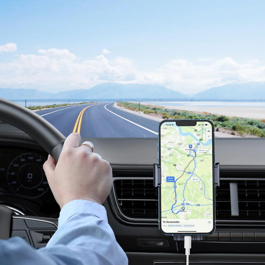 Blukar car phone holder mount with metal hook clip, 360° rotation, and one button release for smartphones in vehicle air vent.