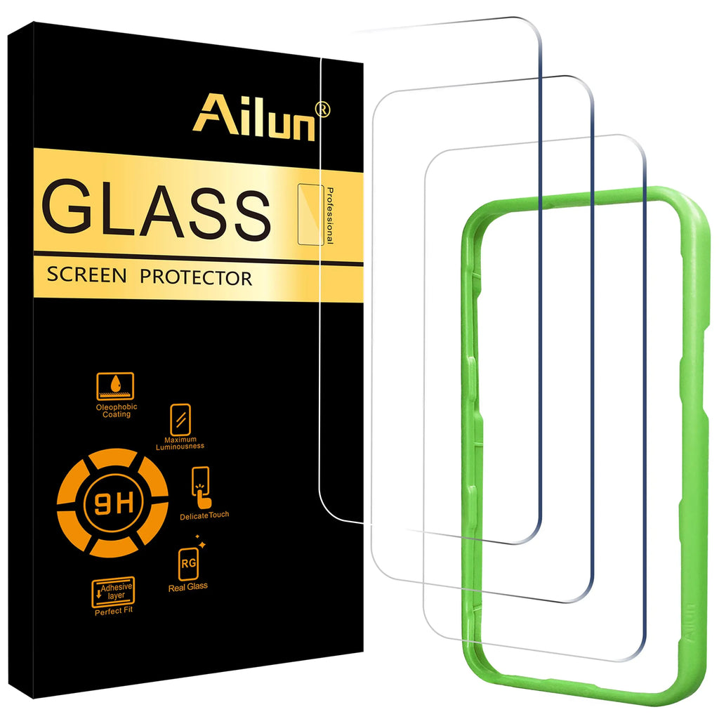 Ailun tempered glass screen protector for iPhone 15 and 16, 3-pack, case-friendly, 6.1-inch display, Dynamic Island compatible.