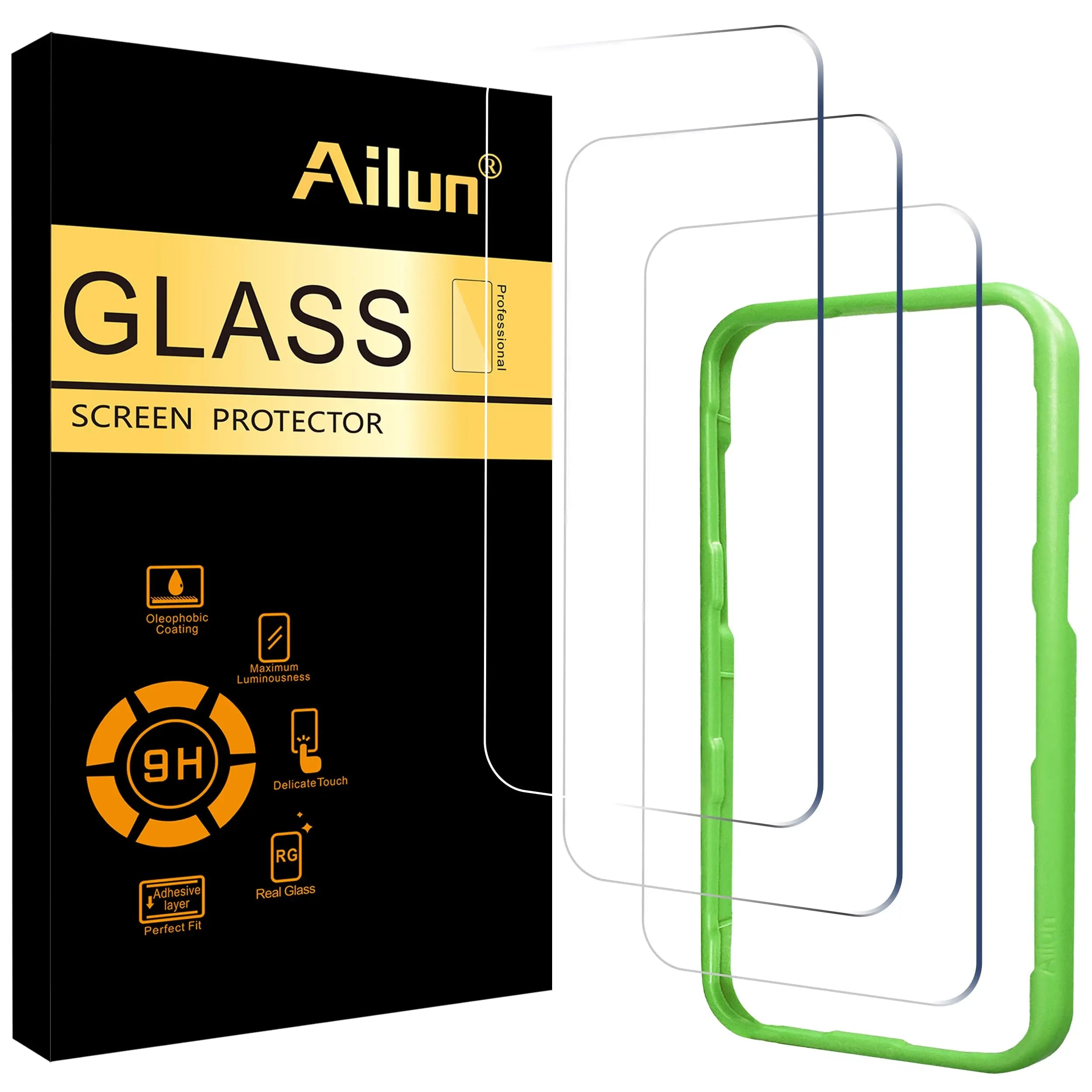 Ailun tempered glass screen protector for iPhone 15 and 16, 3-pack, case-friendly, 6.1-inch display, Dynamic Island compatible.
